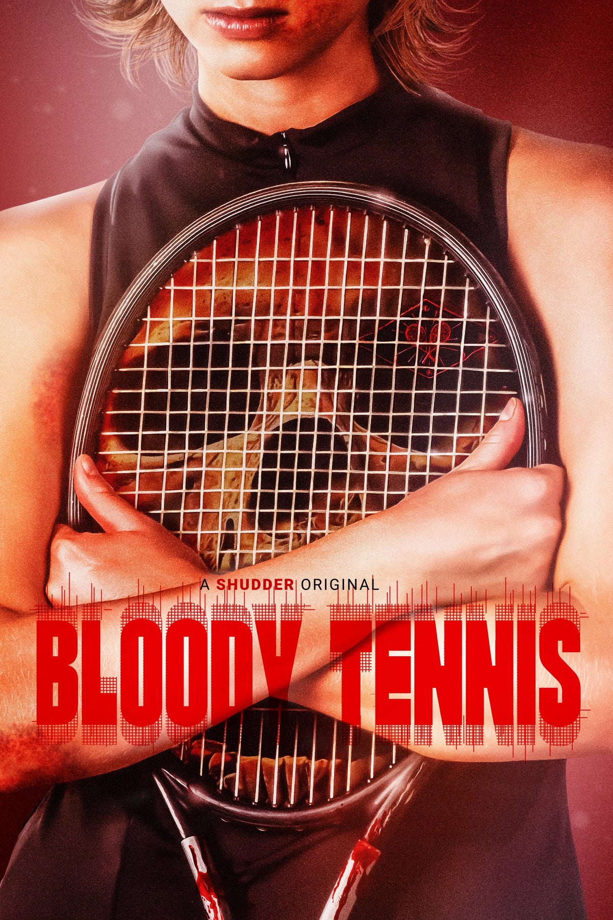 Bloody Tennis poster with a player holding a racket and the words A Shudder Original