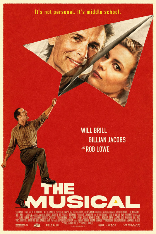 The Musical (2026) red theatrical poster with a paper airplane and cast