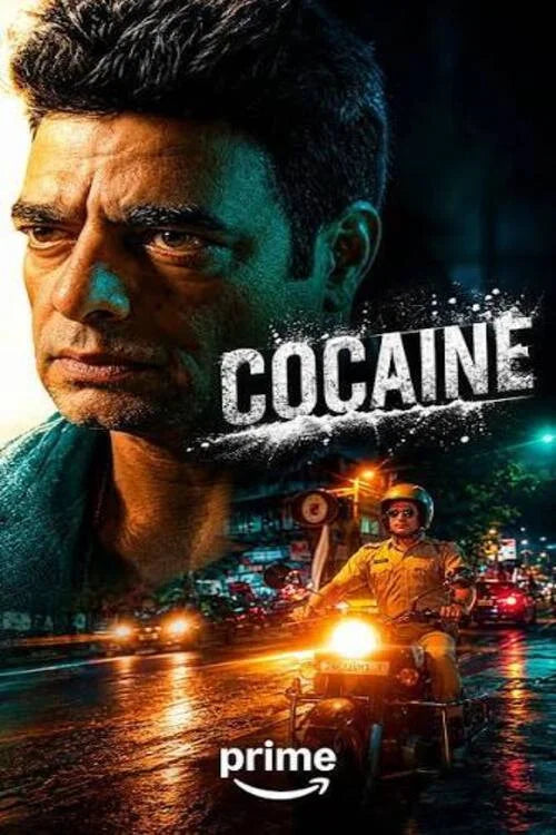 Cocaine poster with inspector Jalal above a neon-lit Mumbai street