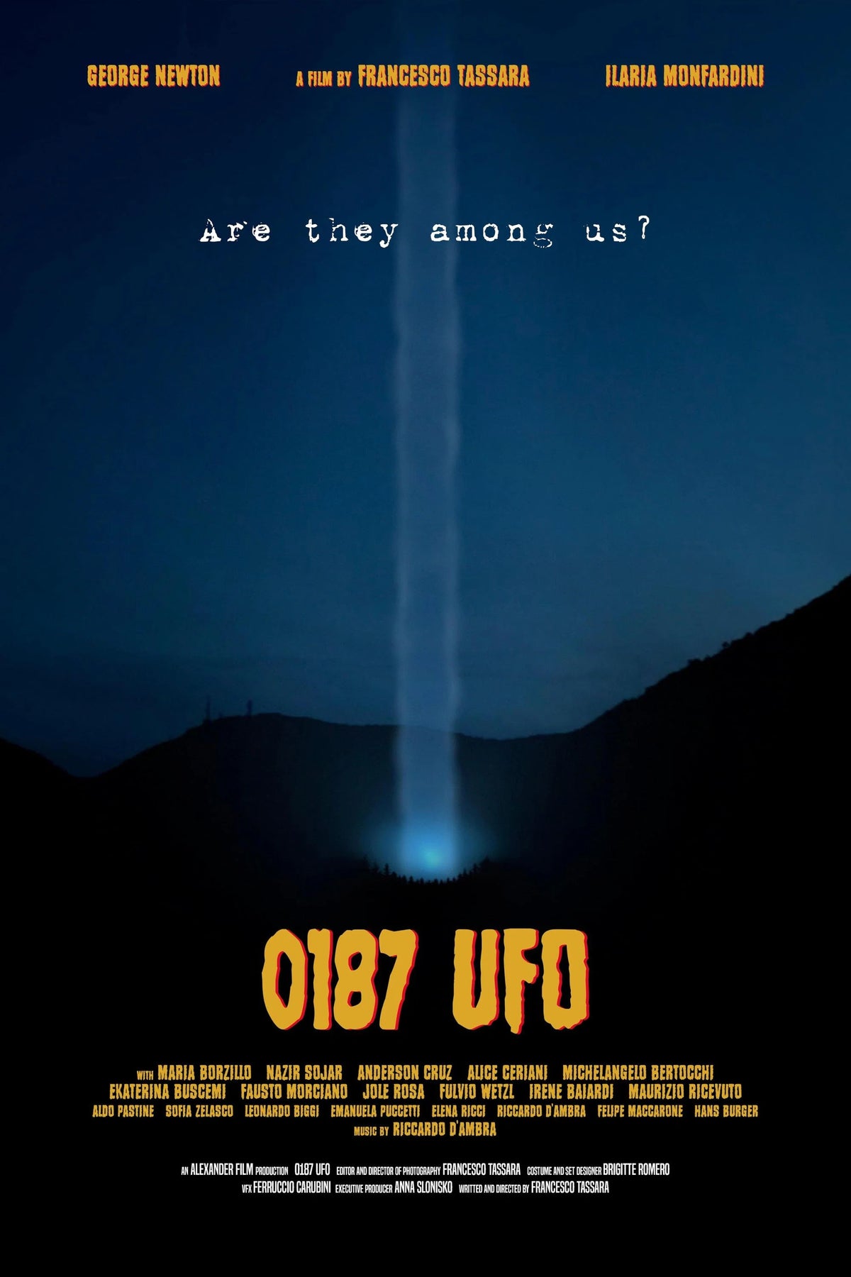 0187 UFO poster with a blue beam over dark mountains and the question Are they among us?