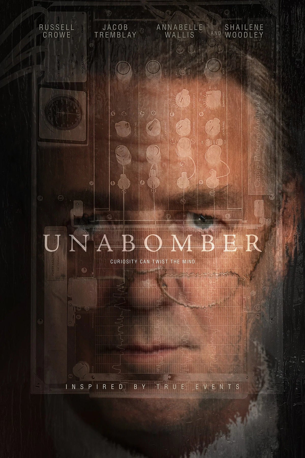 UNABOMBER film poster with a shadowed face and vintage experimental equipment