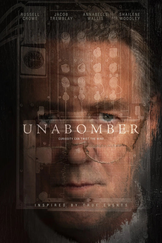 UNABOMBER film poster with a shadowed face and vintage experimental equipment