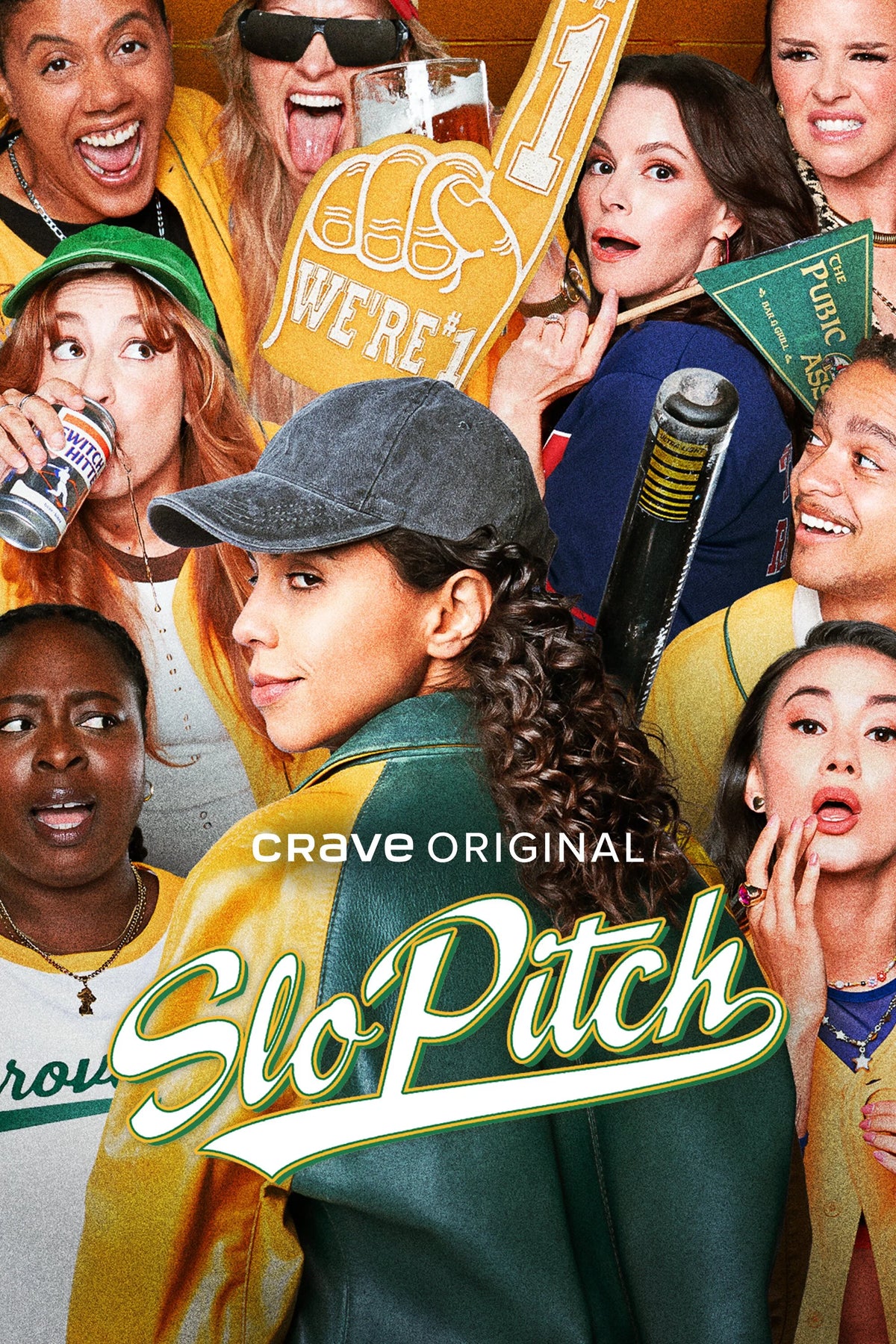 Slo Pitch Crave Original poster featuring the softball team in green and yellow uniforms.