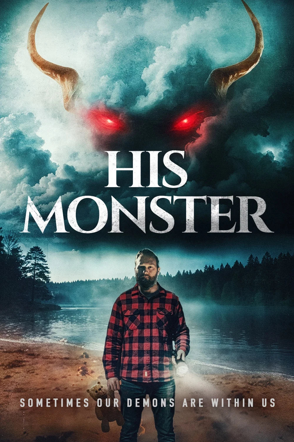 His Monster poster with a red-eyed horned creature above a man standing beside a forest lake