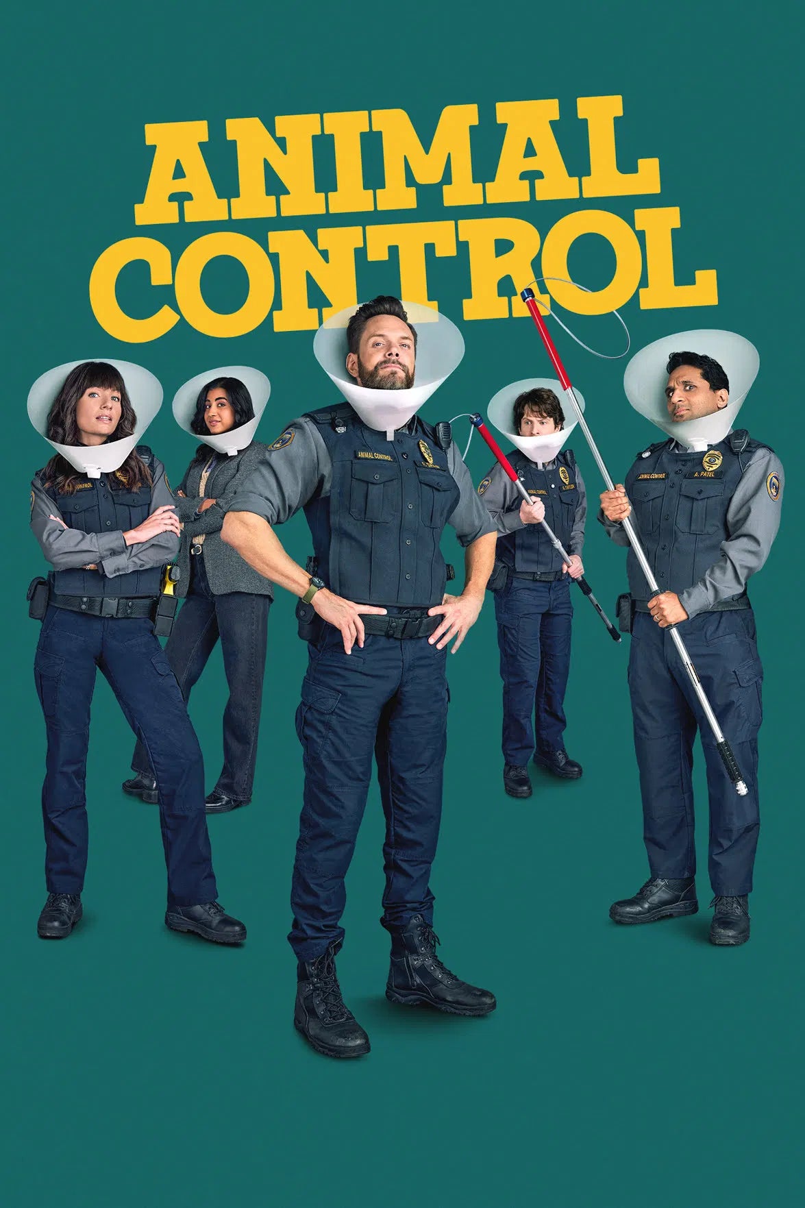 Animal Control crew in uniform and protective cones beneath a yellow title on a green background