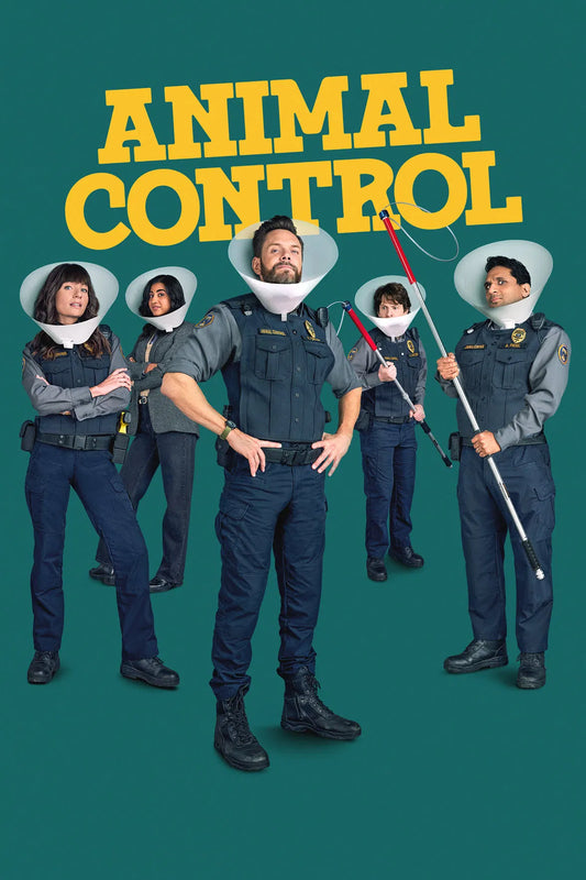 Animal Control crew in uniform and protective cones beneath a yellow title on a green background