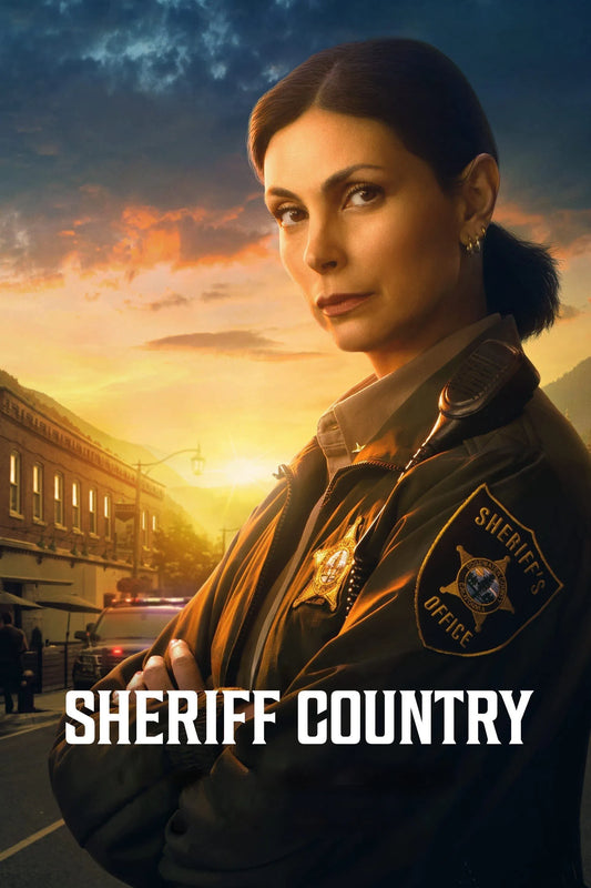 Sheriff Country poster featuring Mickey Fox in uniform against a golden sunset in town