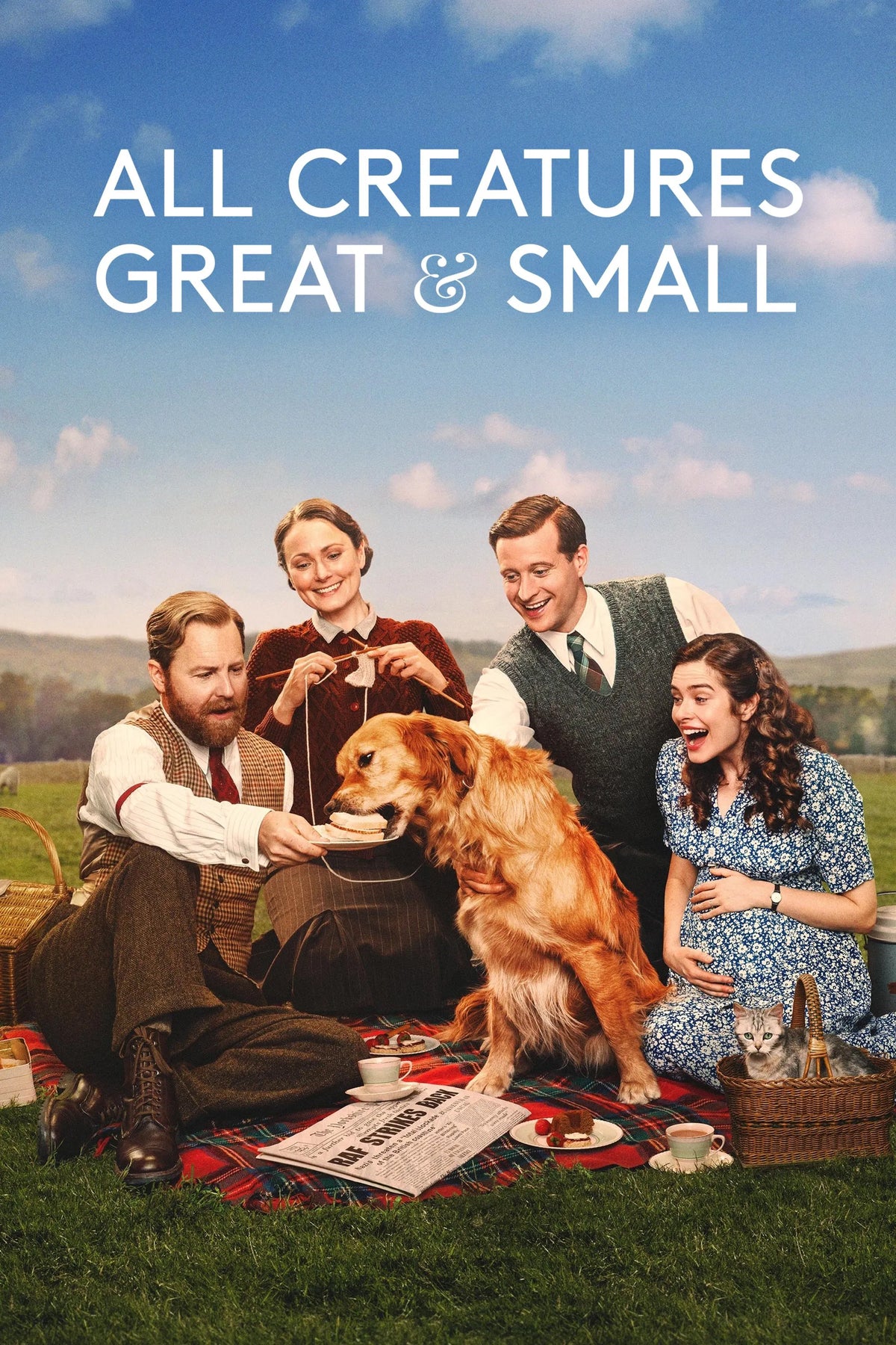 All Creatures Great & Small poster with the cast, a dog and a cat in the Yorkshire countryside