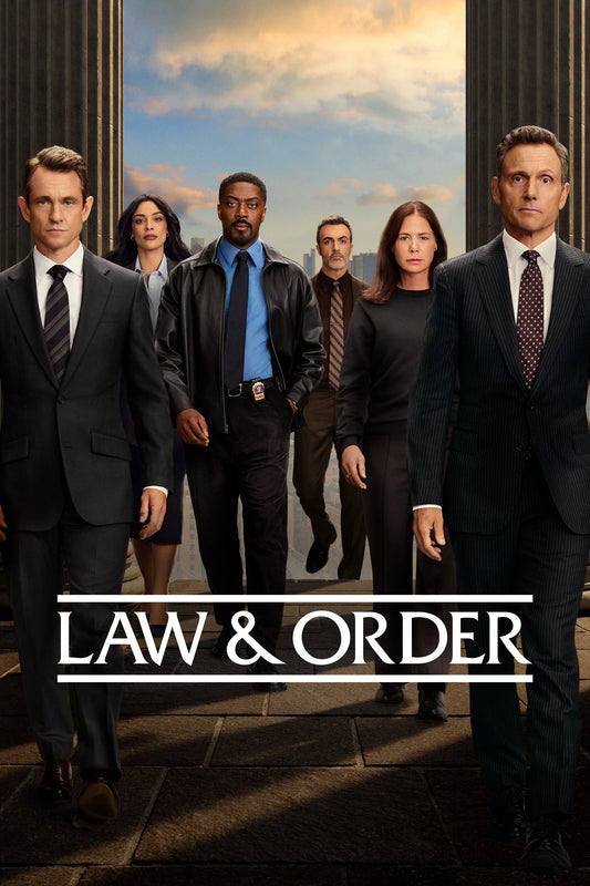 Law & Order Season 26 ensemble poster with the cast framed by courthouse columns