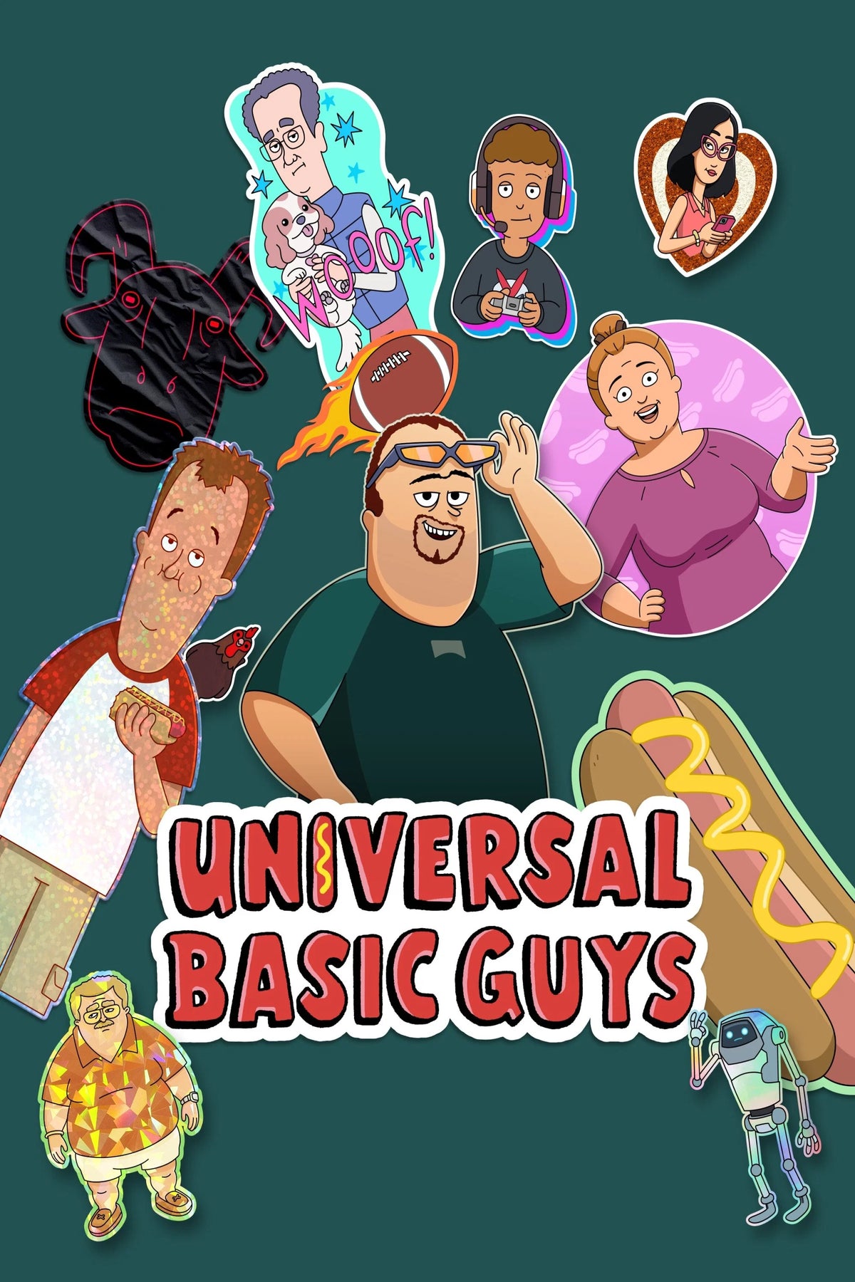 Universal Basic Guys illustrated ensemble poster with characters, football and food motifs