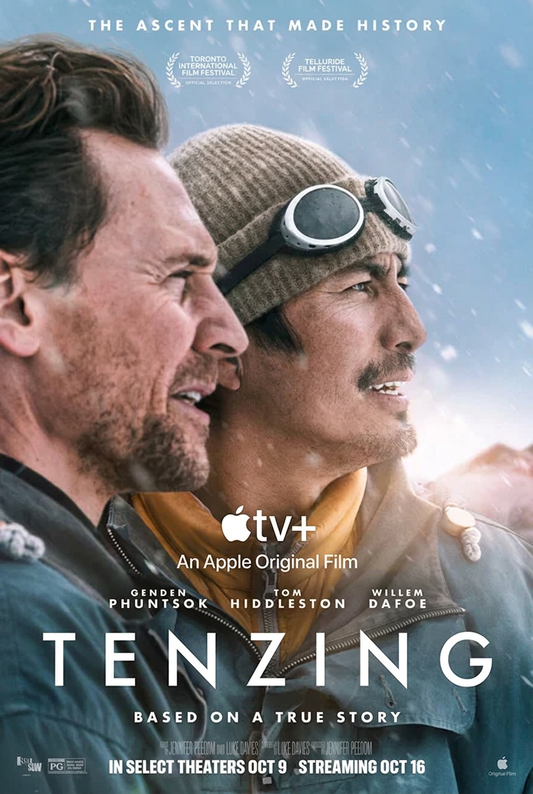 Tenzing movie poster featuring Genden Phuntsok and Tom Hiddleston with the Apple TV+ logo
