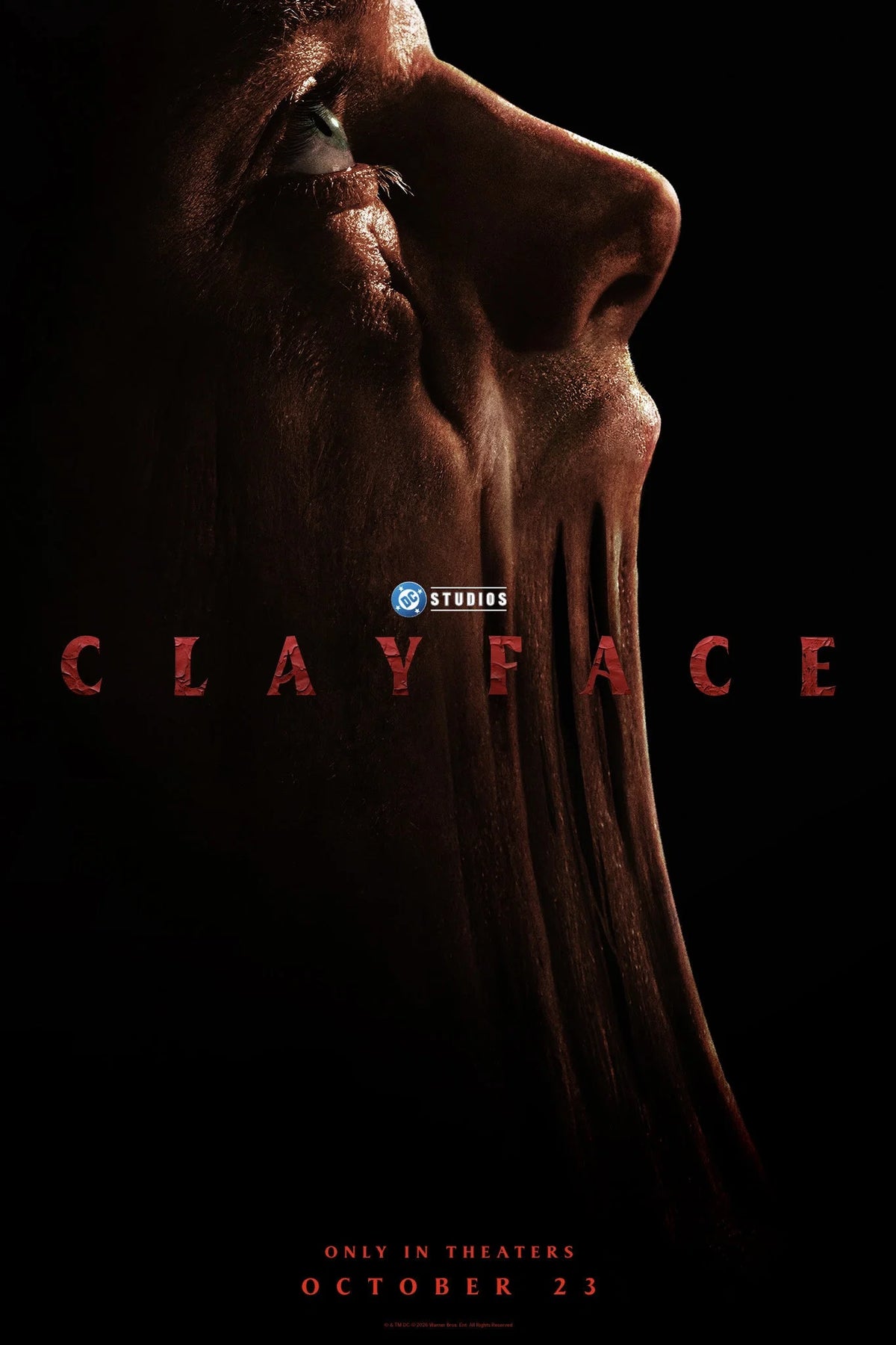 Clayface (2026) DC Studios poster showing a face melting into darkness