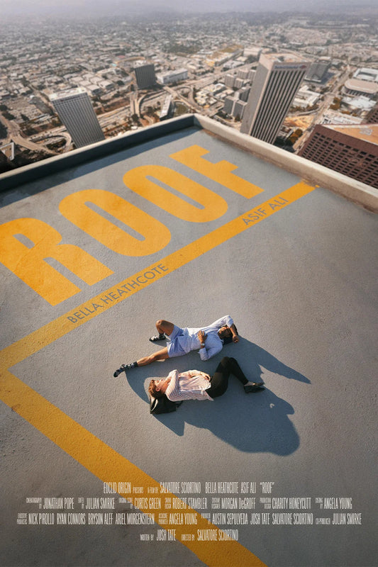 Roof (2026) poster showing two co-workers stranded on a skyscraper rooftop