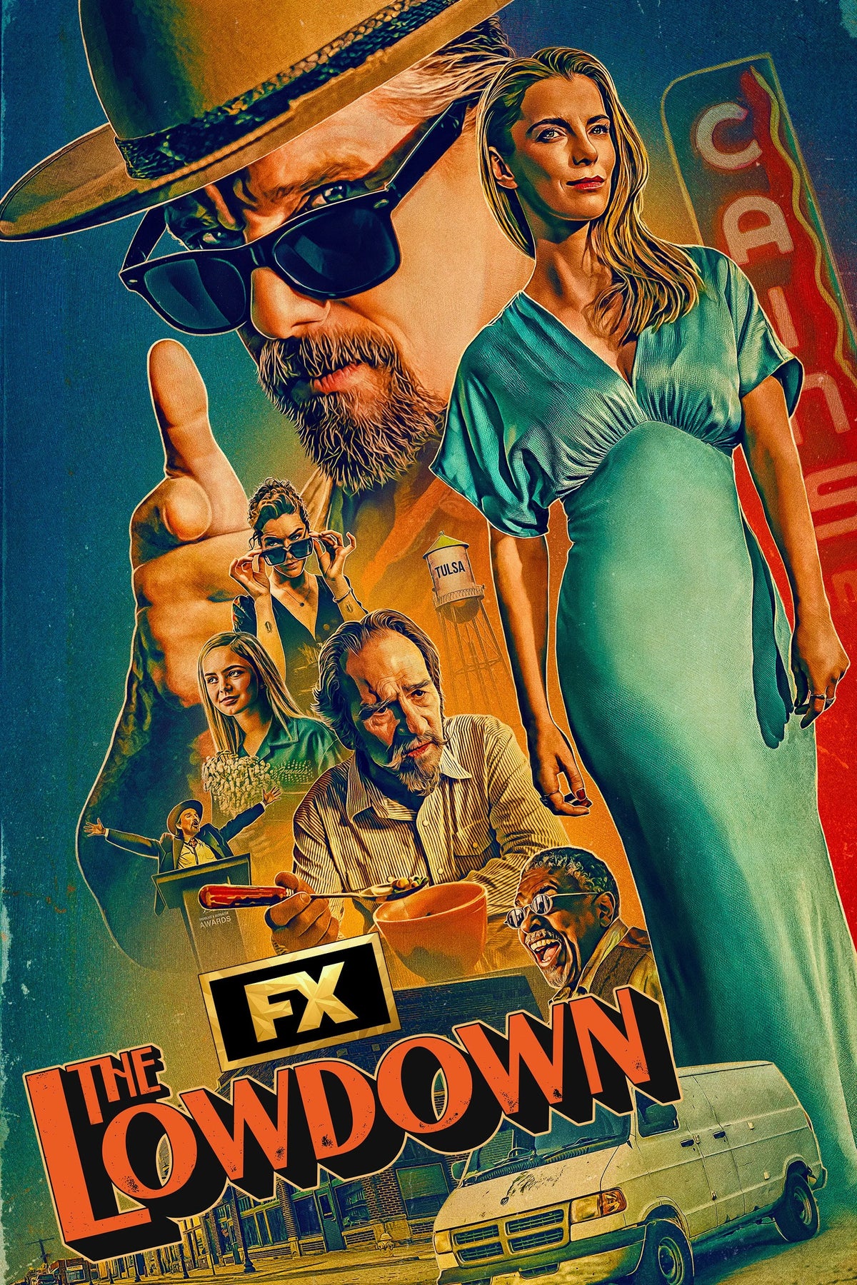 FX The Lowdown poster featuring Ethan Hawke in sunglasses and a hat in a colorful Tulsa ensemble collage