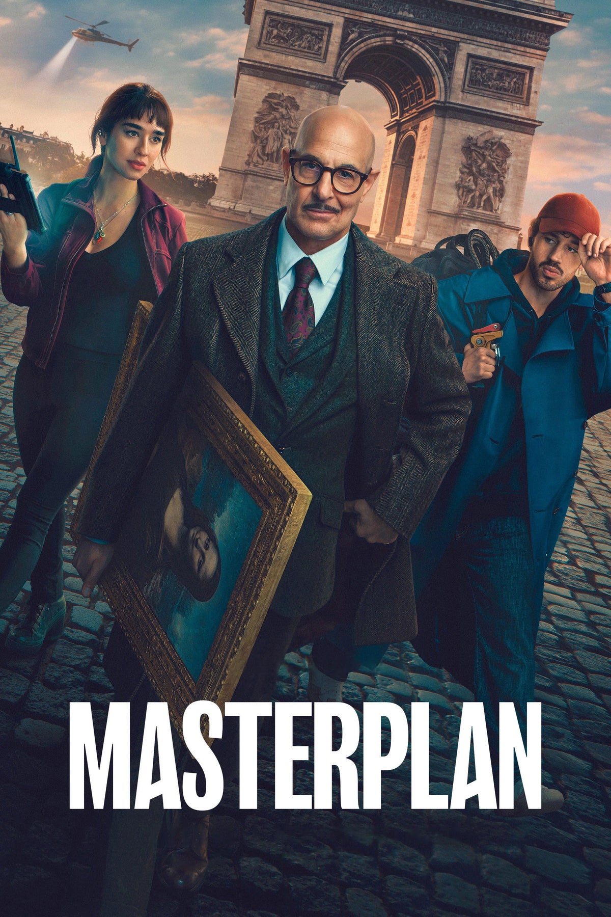 Masterplan poster with Stanley Tucci holding the Mona Lisa beside two accomplices in Paris