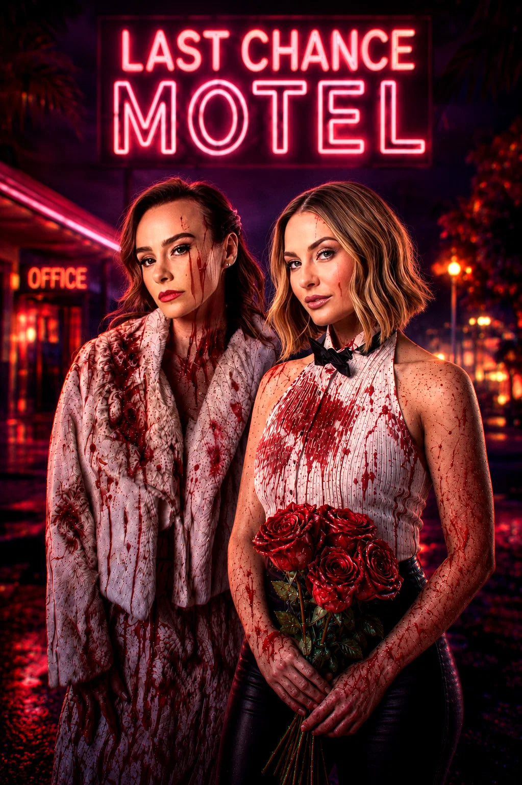 Last Chance Motel (2026) movie poster with two blood-spattered women beneath a red neon motel sign