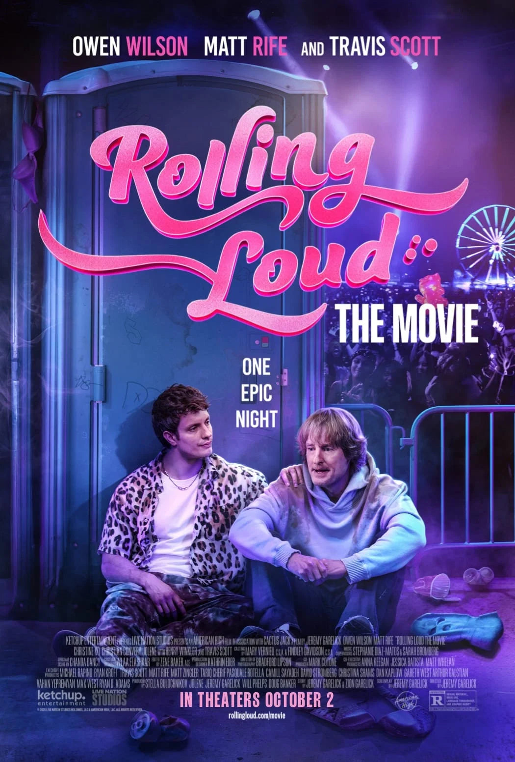 Rolling Loud: The Movie poster with pink lettering, purple festival lights and Owen Wilson beside Matt Rife