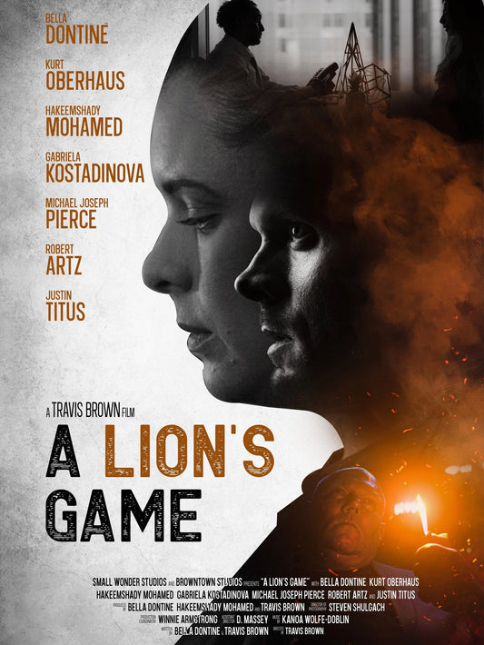 A Lion’s Game poster with overlapping portraits, orange smoke and a lighter