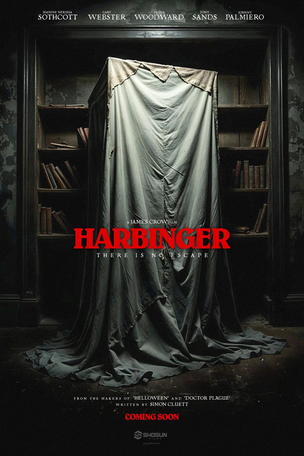 Harbinger poster with a tall shrouded object in a dark library and the title in red.
