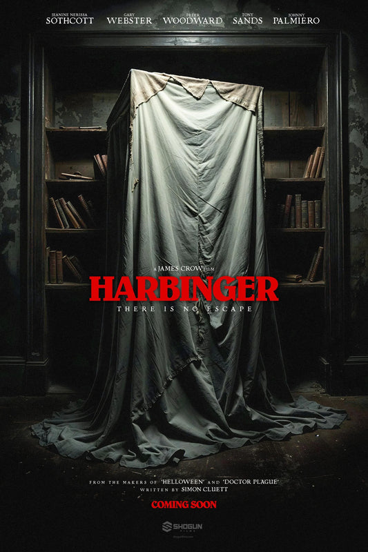 Harbinger poster with a tall shrouded object in a dark library and the title in red.
