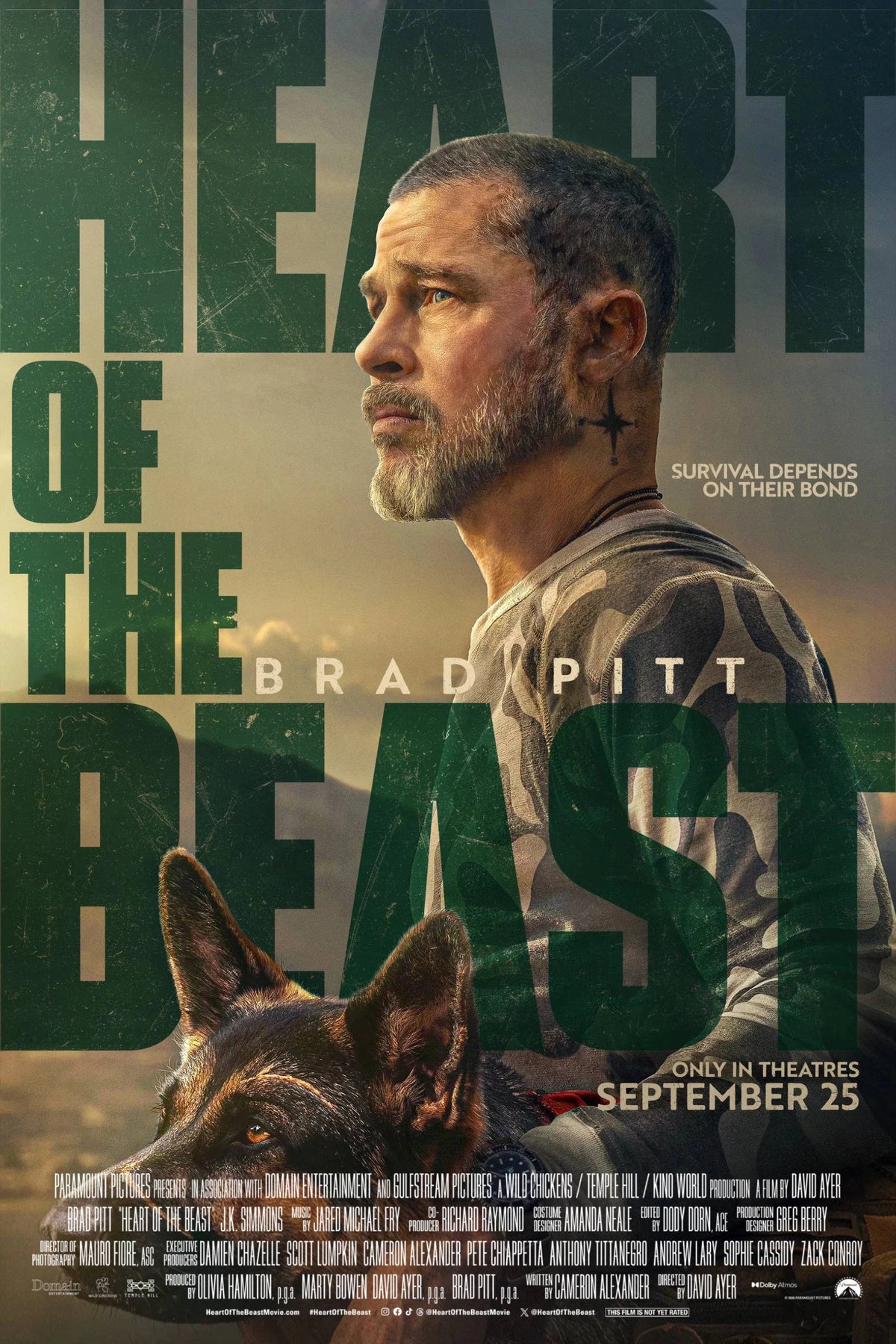 Heart of the Beast (2026) poster featuring Brad Pitt and combat dog Odin