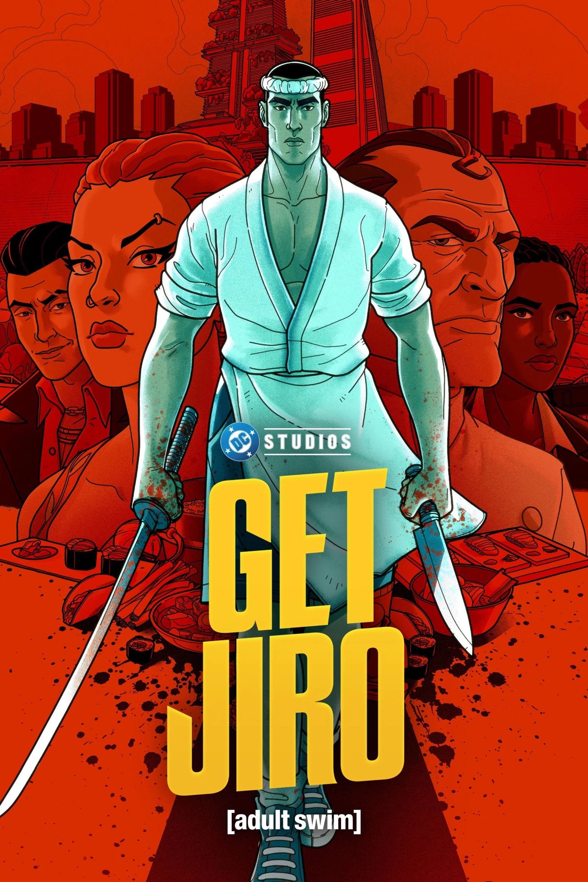 GET JIRO poster featuring a sushi chef holding blades, against an orange city backdrop, with DC Studios and Adult Swim lettering.