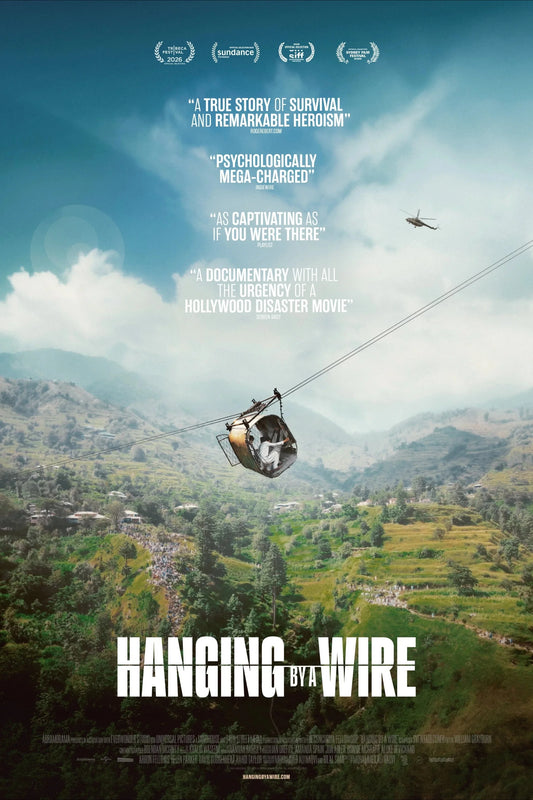 Hanging by a Wire poster showing a cable car suspended over a mountain valley