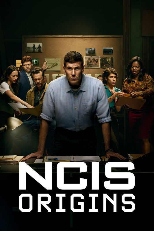 NCIS Origins poster with young Gibbs and his investigative team gathered around a desk.
