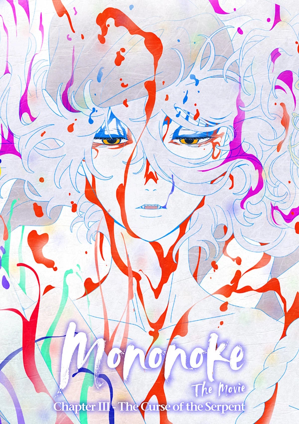 Illustrated Mononoke Chapter III poster with a pale face and swirling red markings