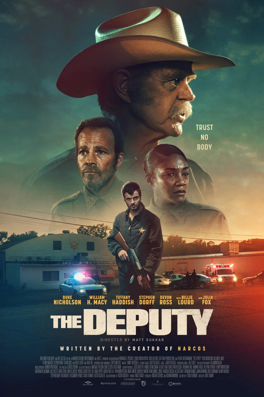 The Deputy poster featuring the cast, a sheriff's deputy and a crime scene