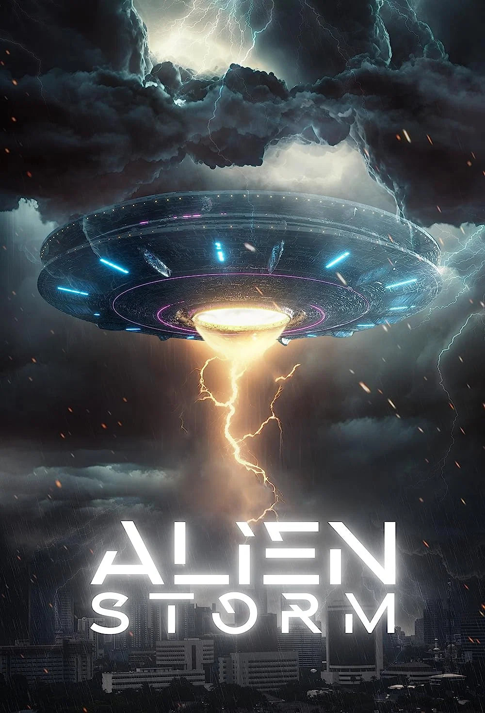 Alien Storm (2026) movie poster with a UFO descending through a lightning storm