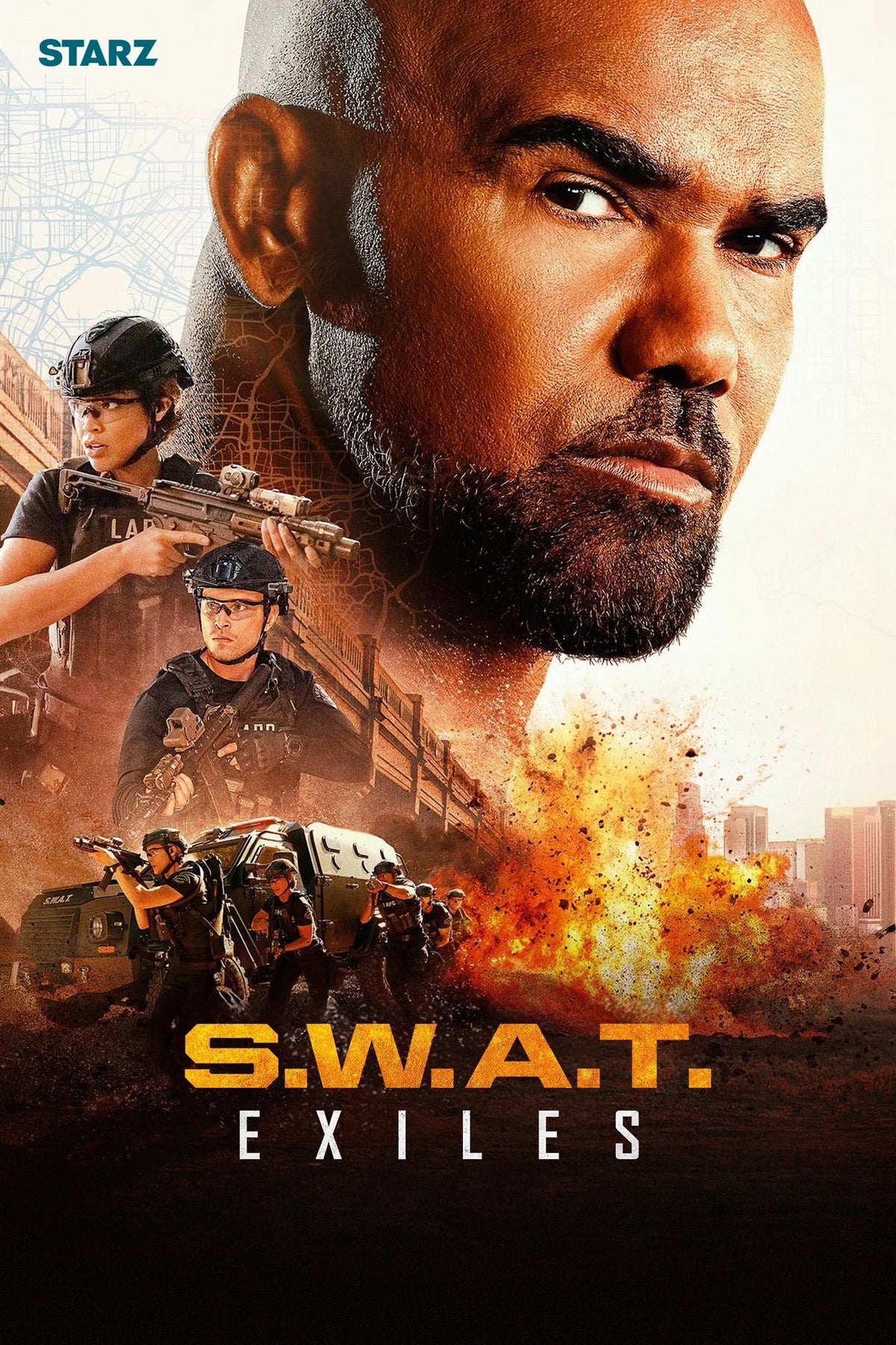 S.W.A.T. Exiles poster featuring Hondo above an armed team and an explosion