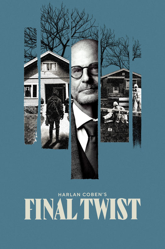 Harlan Coben's Final Twist poster with a fragmented portrait, houses and crime scene imagery on a blue background