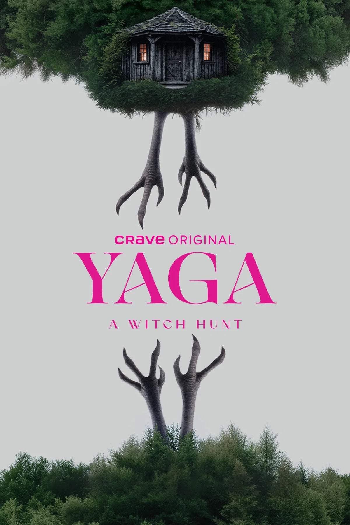 YAGA poster featuring a woodland cabin on bird legs and pink title lettering