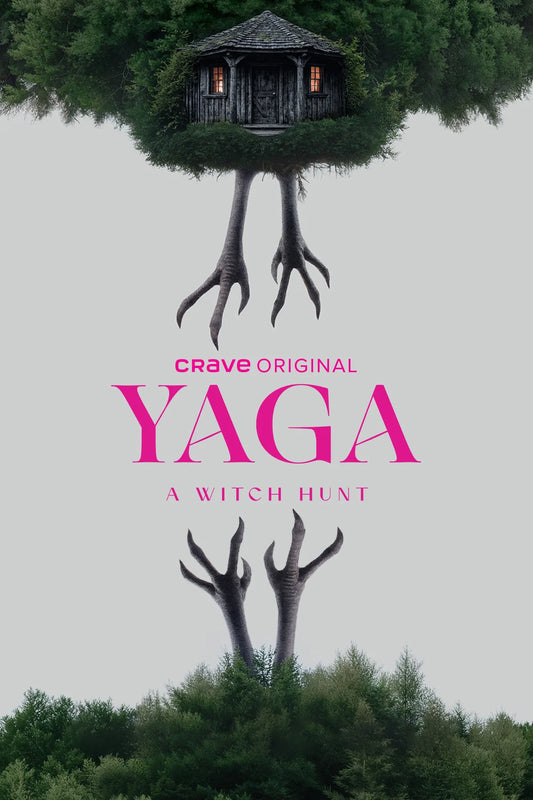 YAGA poster featuring a woodland cabin on bird legs and pink title lettering