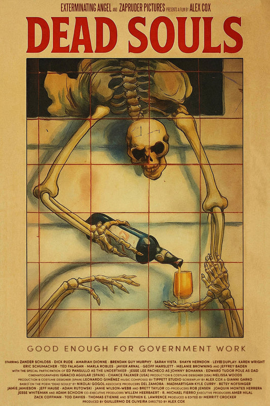 Dead Souls movie poster with a skeleton on a sepia census grid