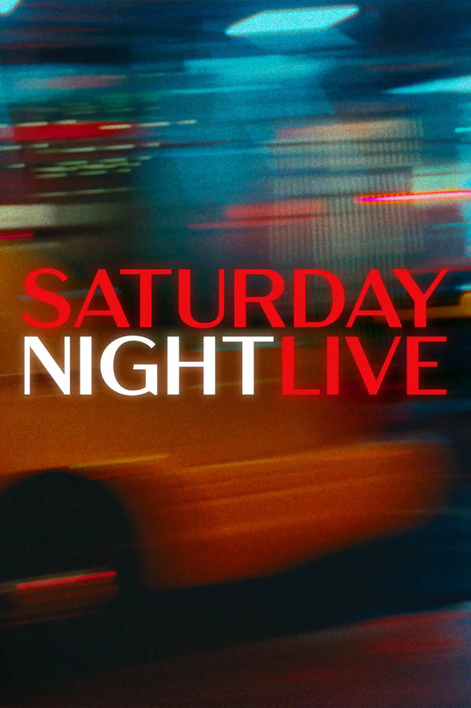 Saturday Night Live red and white title over a blurred nighttime city scene