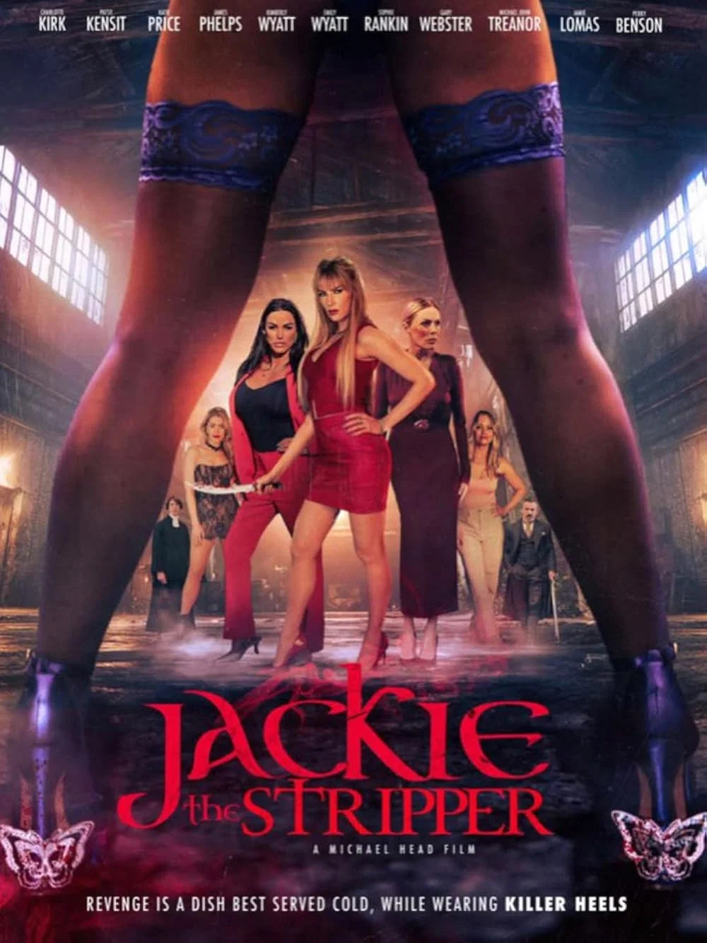 Jackie the Stripper poster featuring female vigilantes in a warehouse with a red title.