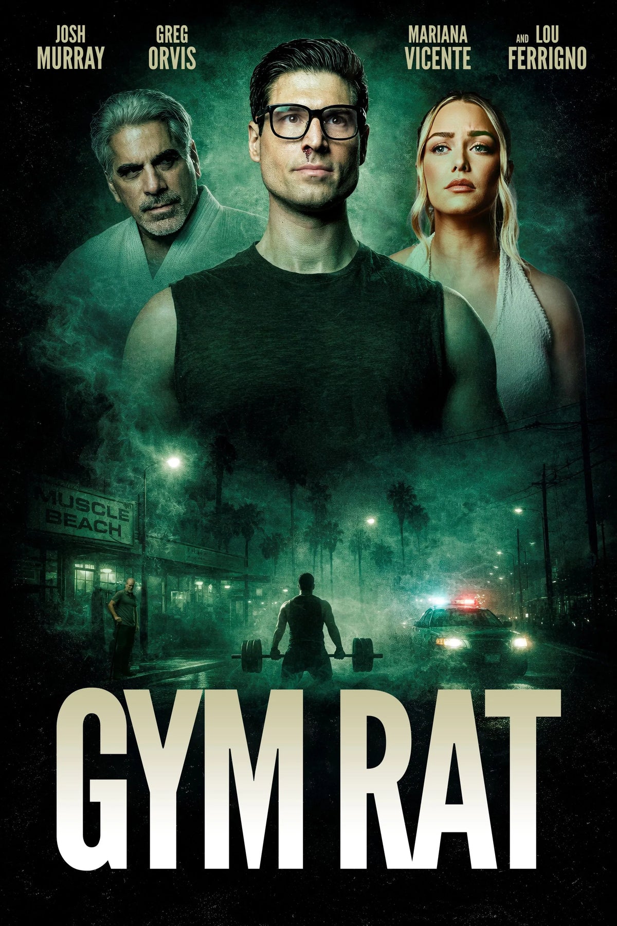 Gym Rat (2026) movie poster featuring Josh Murray, Mariana Vicente and Lou Ferrigno
