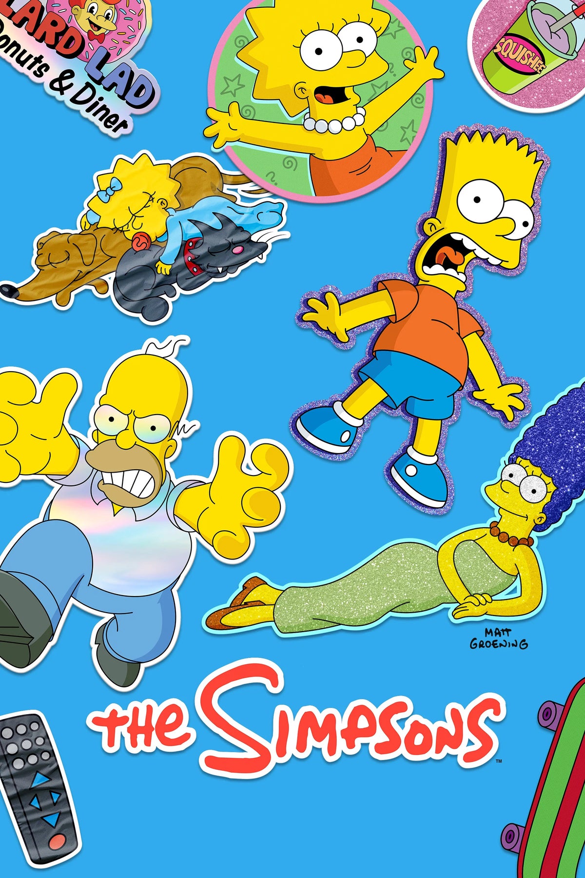 The Simpsons poster with Bart, Lisa, Homer and Marge on a blue background