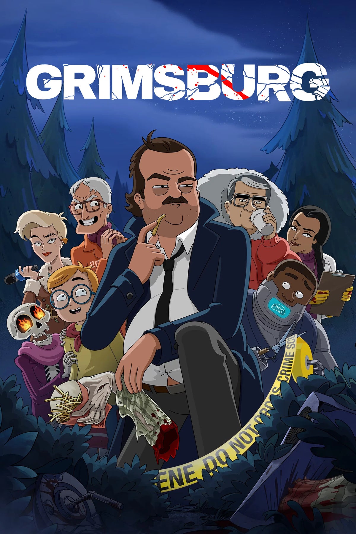 Grimsburg animated ensemble with detective Marvin Flute at a taped crime scene