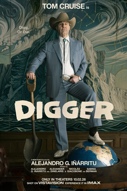 Digger (2026) poster featuring Tom Cruise holding a shovel with one foot on a globe, directed by Alejandro G. Iñárritu