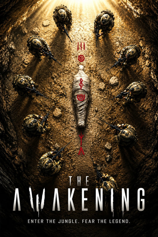 The Awakening poster showing soldiers surrounding a shrouded figure in the jungle