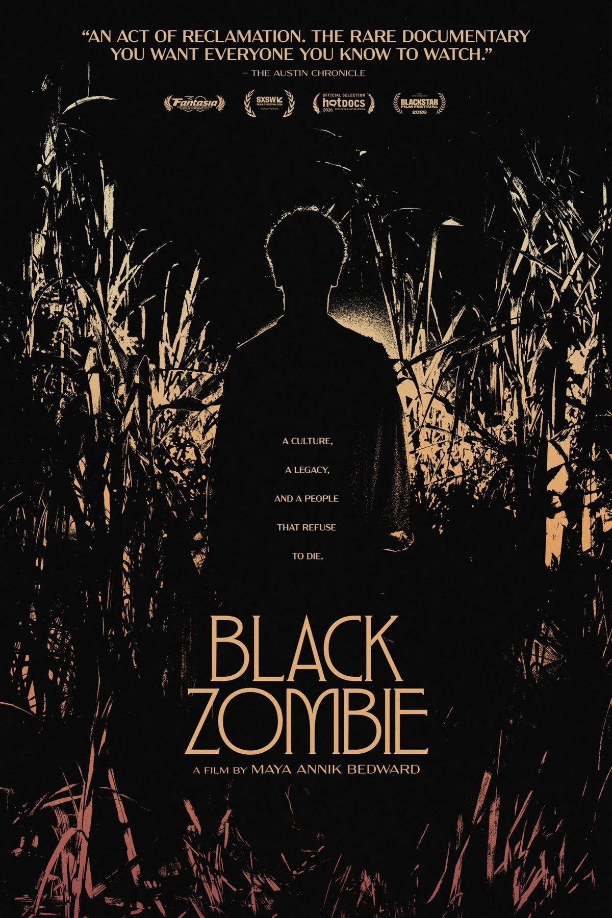 Black Zombie poster with a silhouetted figure among cane stalks and gold title lettering