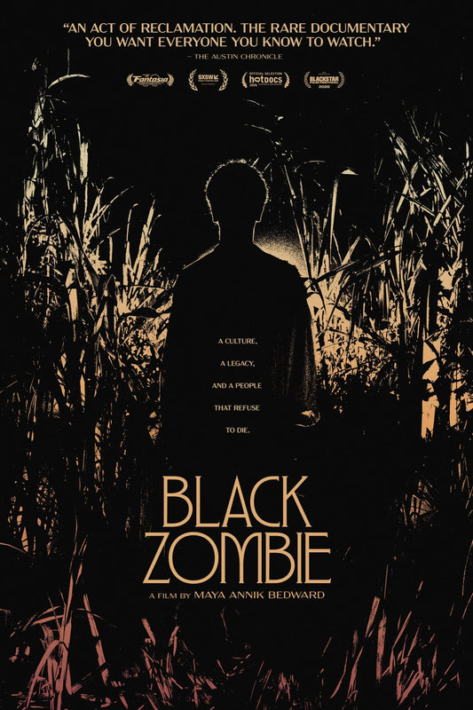 Black Zombie poster with a silhouetted figure among cane stalks and gold title lettering