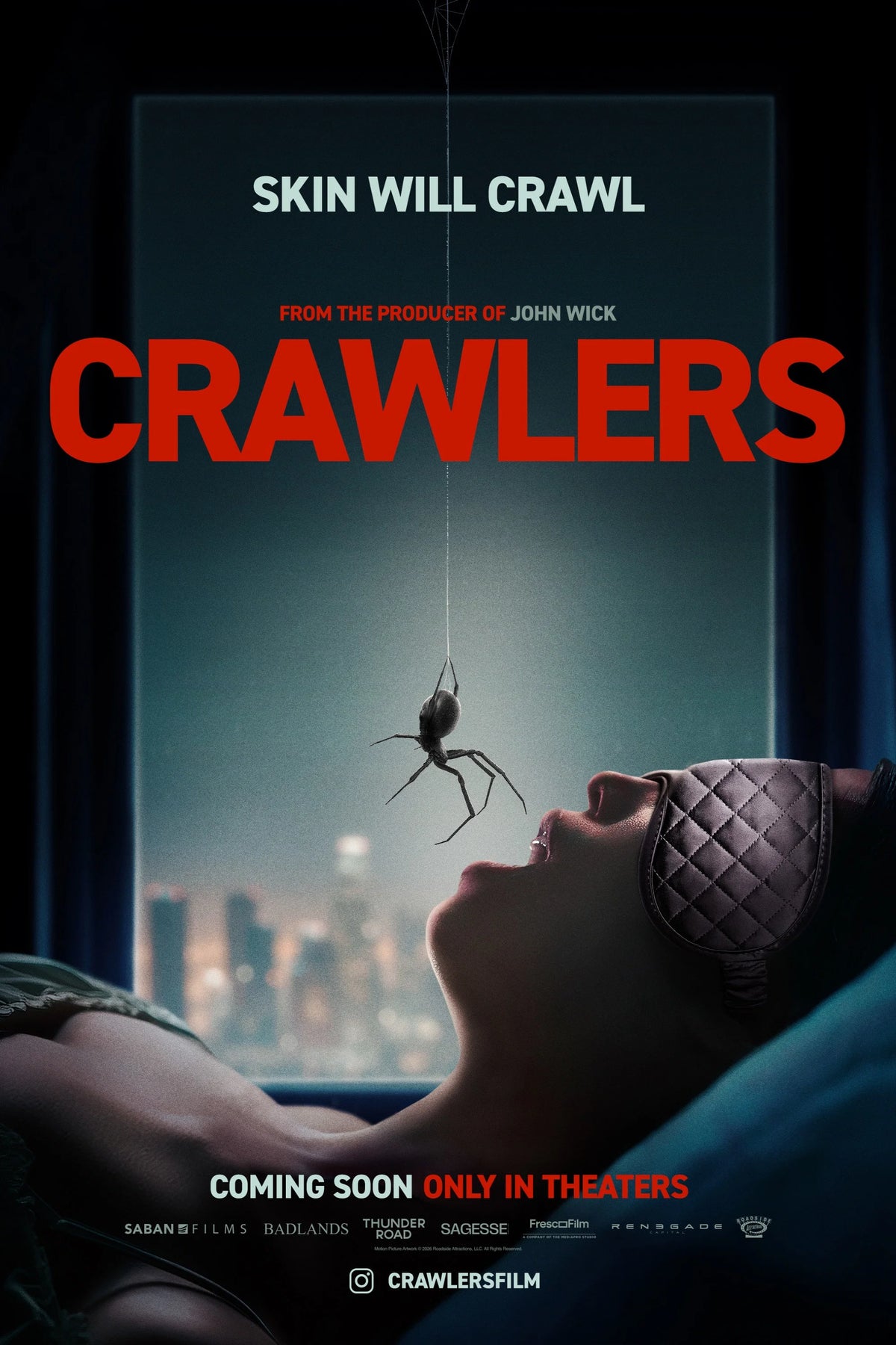 Crawlers poster showing a spider dangling over a reclining woman's face