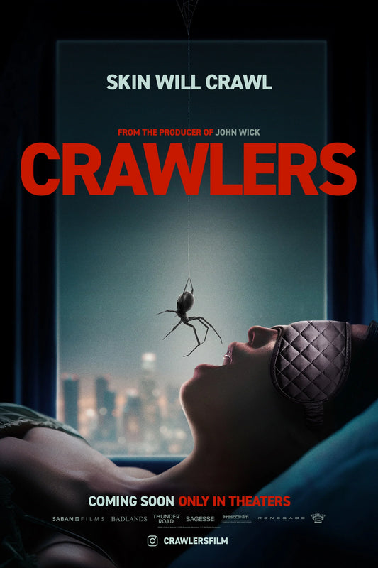 Crawlers poster showing a spider dangling over a reclining woman's face