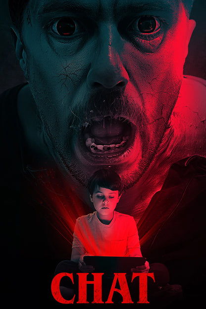 CHAT (2026) poster showing a child facing a terrifying red and blue digital presence