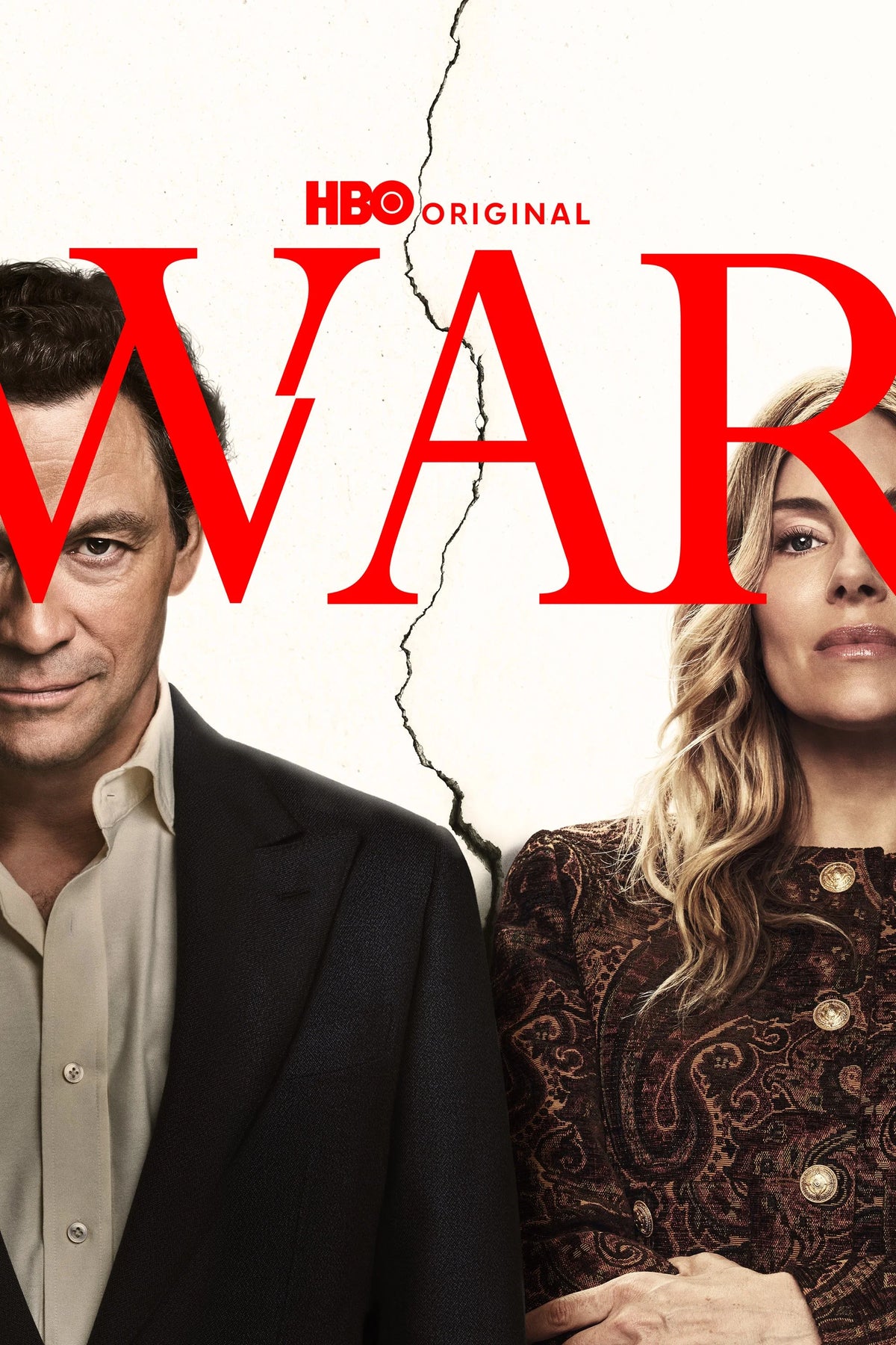 WAR HBO Original poster featuring Dominic West and Sienna Miller separated by a crack, with a large red WAR title.