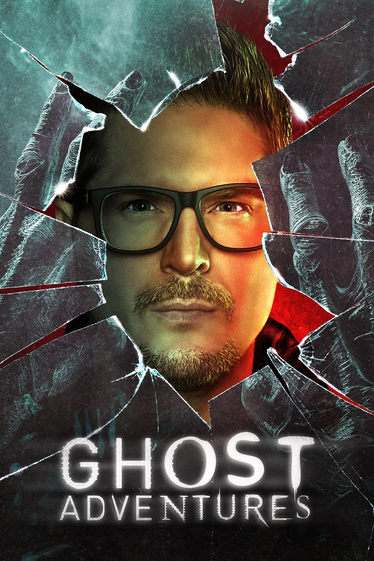 Ghost Adventures poster featuring Zak Bagans framed by shattered glass and ghostly hands.